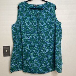 Ulla Popken Crepe Tank Blouse Green with Blue Lavender Flowers Plus Sz 24/26